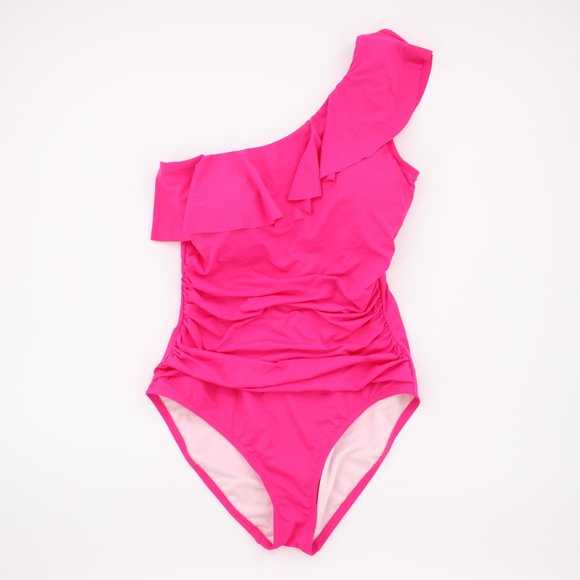 NWT Bright Pink One Shoulder Ruching Ruffle 8 - Picture 1 of 6